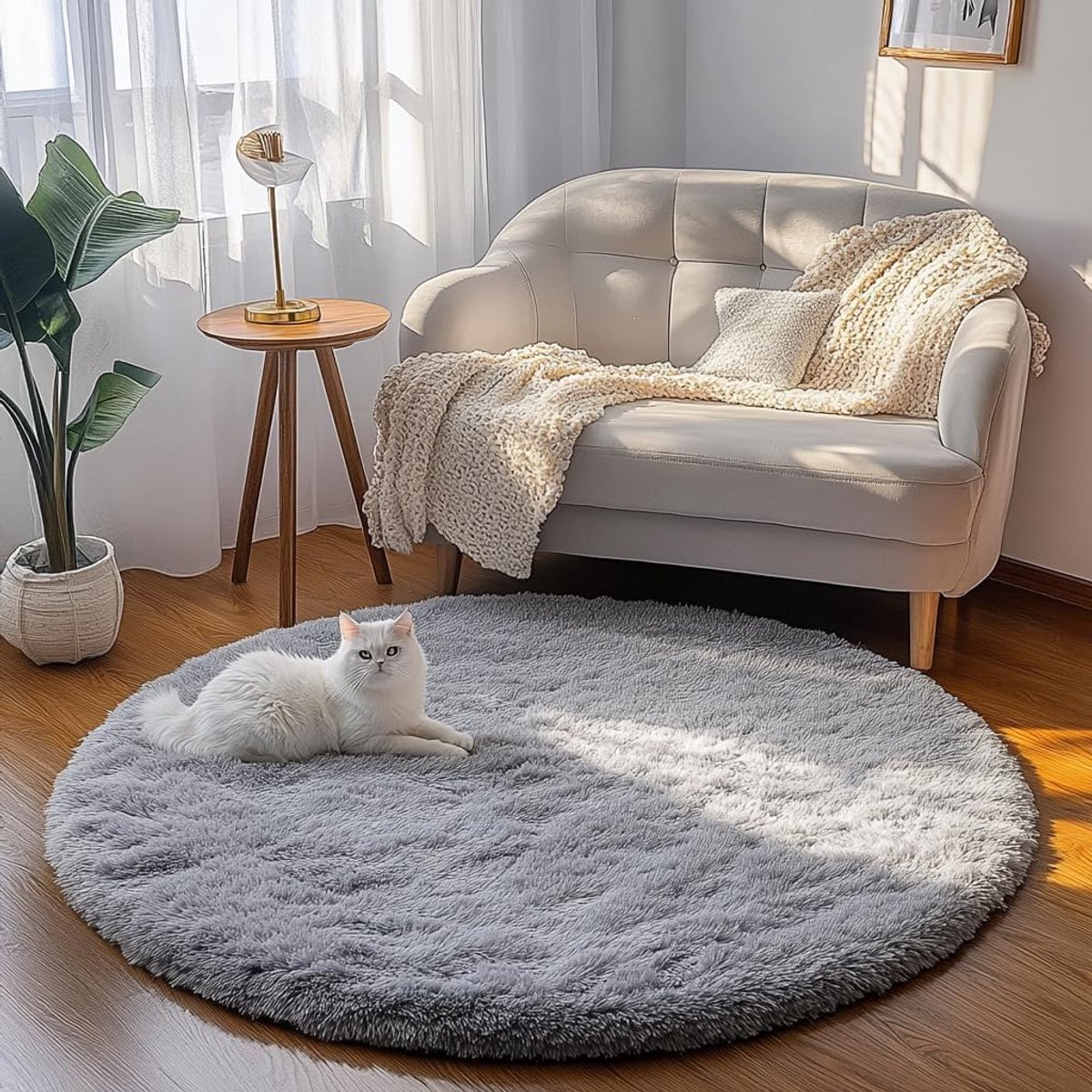 SnelShoppen - Rond Tapijt voor Woonkamer Slaapkamer Fluffy Vloerkleed Antislip Shaggy Groot 80 cm Grijs Modern Stijl Decoratief Vloerkleed