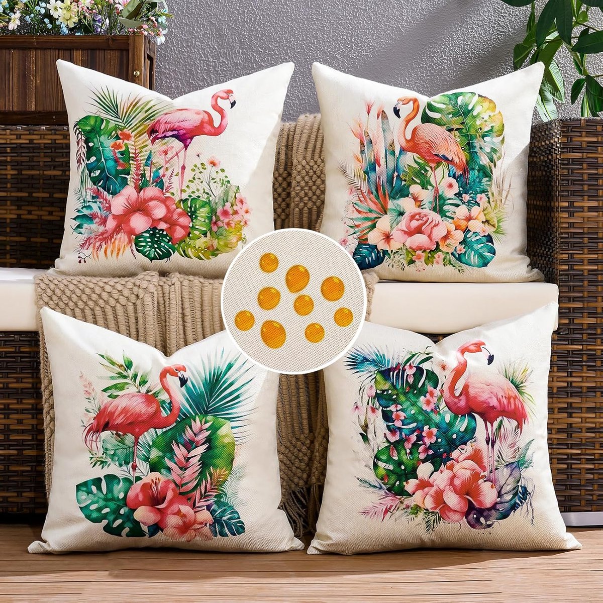 Thijox - Set van 4 Waterdichte Kussenslopen 50x50 cm Flamingo en Groene Bladeren, Modern Decoratief Sierkussen voor Buiten, Weerbestendig Tuin, Balkon
