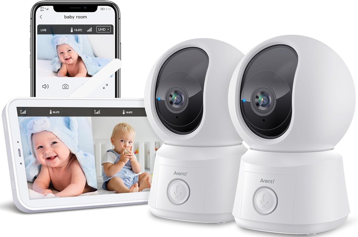 Thijox - Babyfoon met 2 Camera's en App, 5 Inch Scherm, 1080P PTZ Videobabyfoon, One-Touch-Oproep, Temperatuursensor, Slaapliedjes, Nachtzicht, 2-Weg