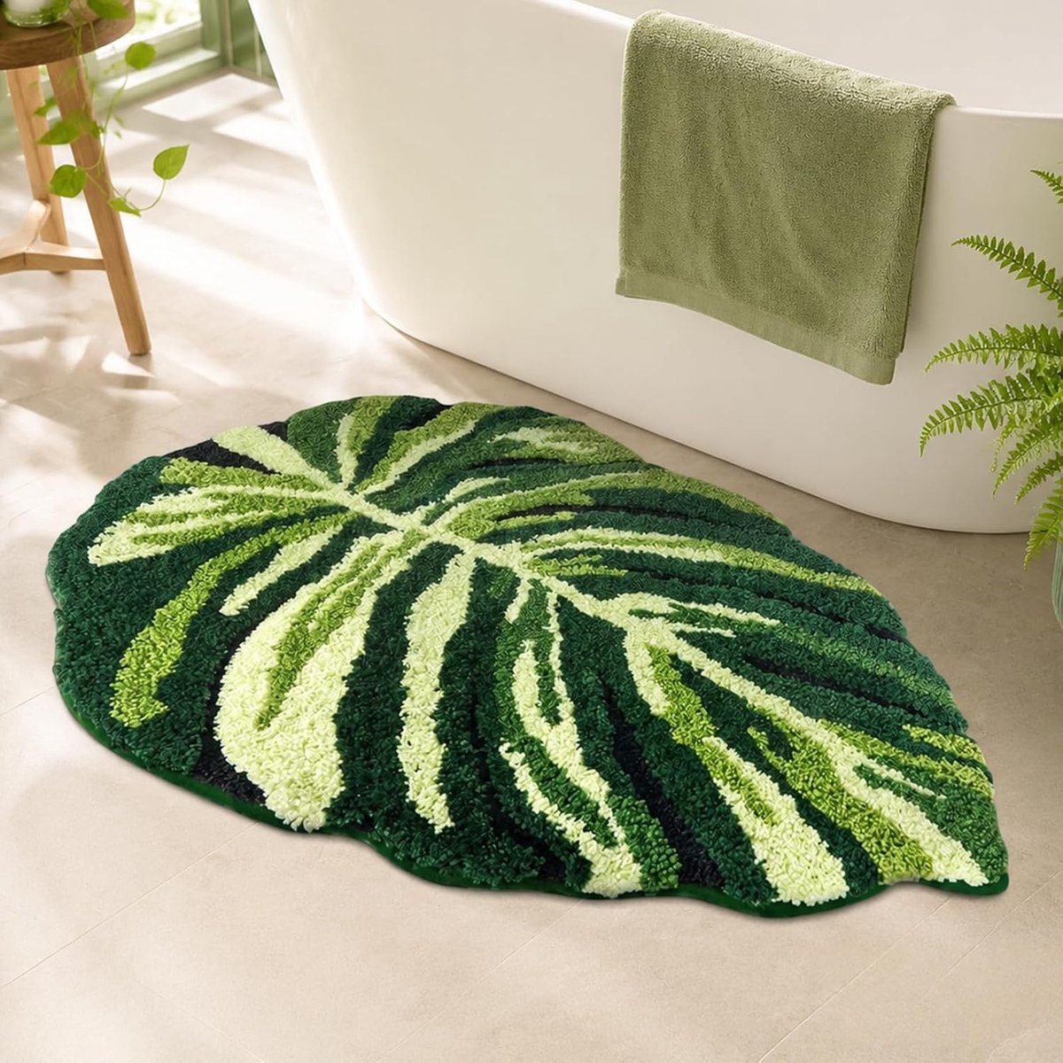 SnelShoppen - Monstera Leaf Badmat 60x90cm, Zacht Fluffy Tapijt, Antislip en Waterabsorberend, Wasbare Douchemat voor Badkamer en Toilet in Groene Tro