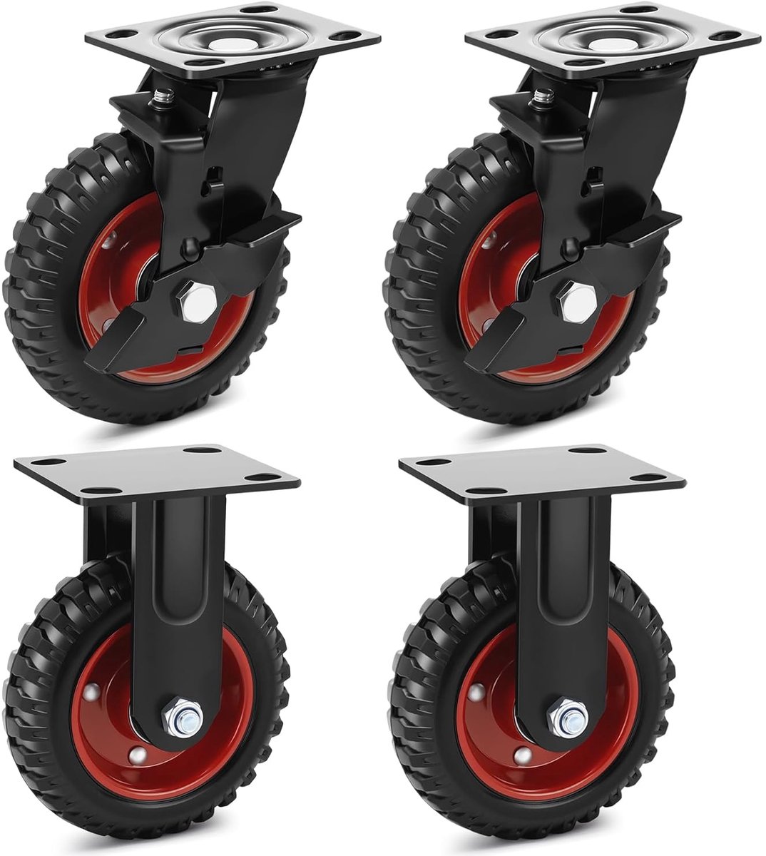 SnelShoppen - Industrial wielen 150 mm voor zware lasten tot 800 kg, massief rubber, 2 zwenkwielen met rem en 2 vaste wielen, ideaal voor zware rekken