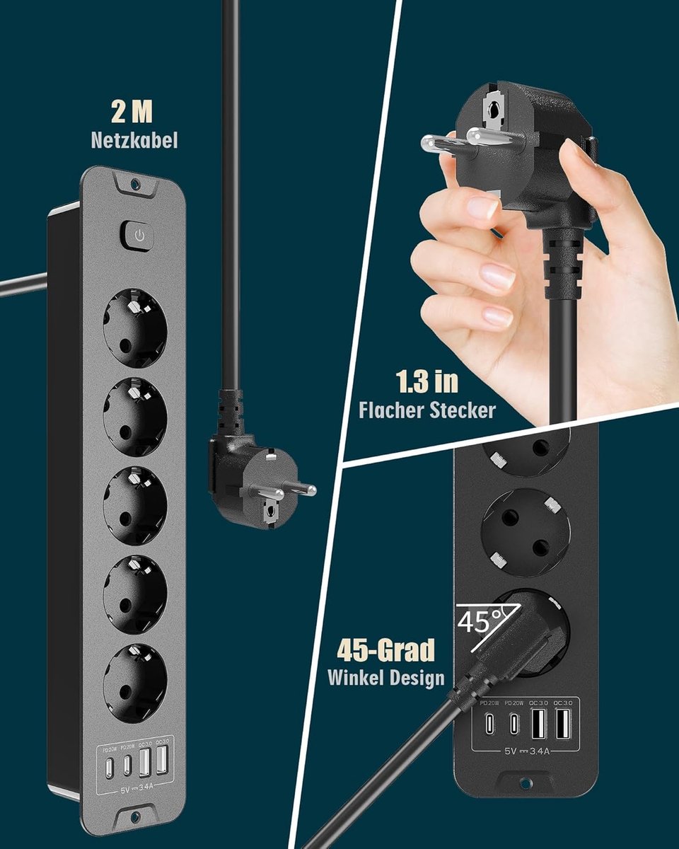 SnelShoppen - Power Strip 5-Way Socket met USB, 9-in-1 Multisocket met Individuele Schakelaars en 2m Kabel - Zwart