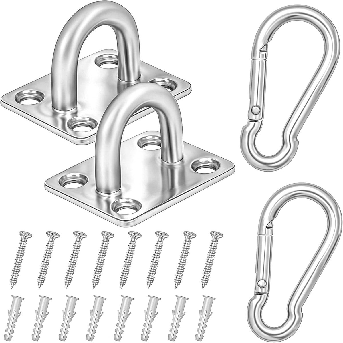 SnelShoppen - Winter Shore M8 Vierkante RVS Oogplaat Haken met Karabiners [2 Pack] - Stevige Kwaliteit Plafond Ooghaken met Snap Haken voor Binnen & B