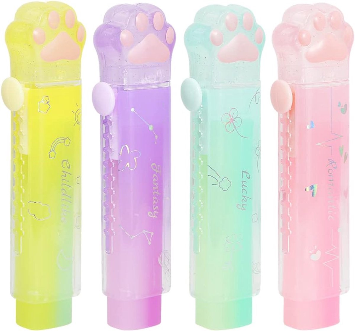 SnelShoppen - 4 Stuks Kattenpoot Gummetjes, Schattige Gradient Kleur, Verlengbare Rubber Gum voor Kinderen, School, Kantoor, Creatief Schrijven