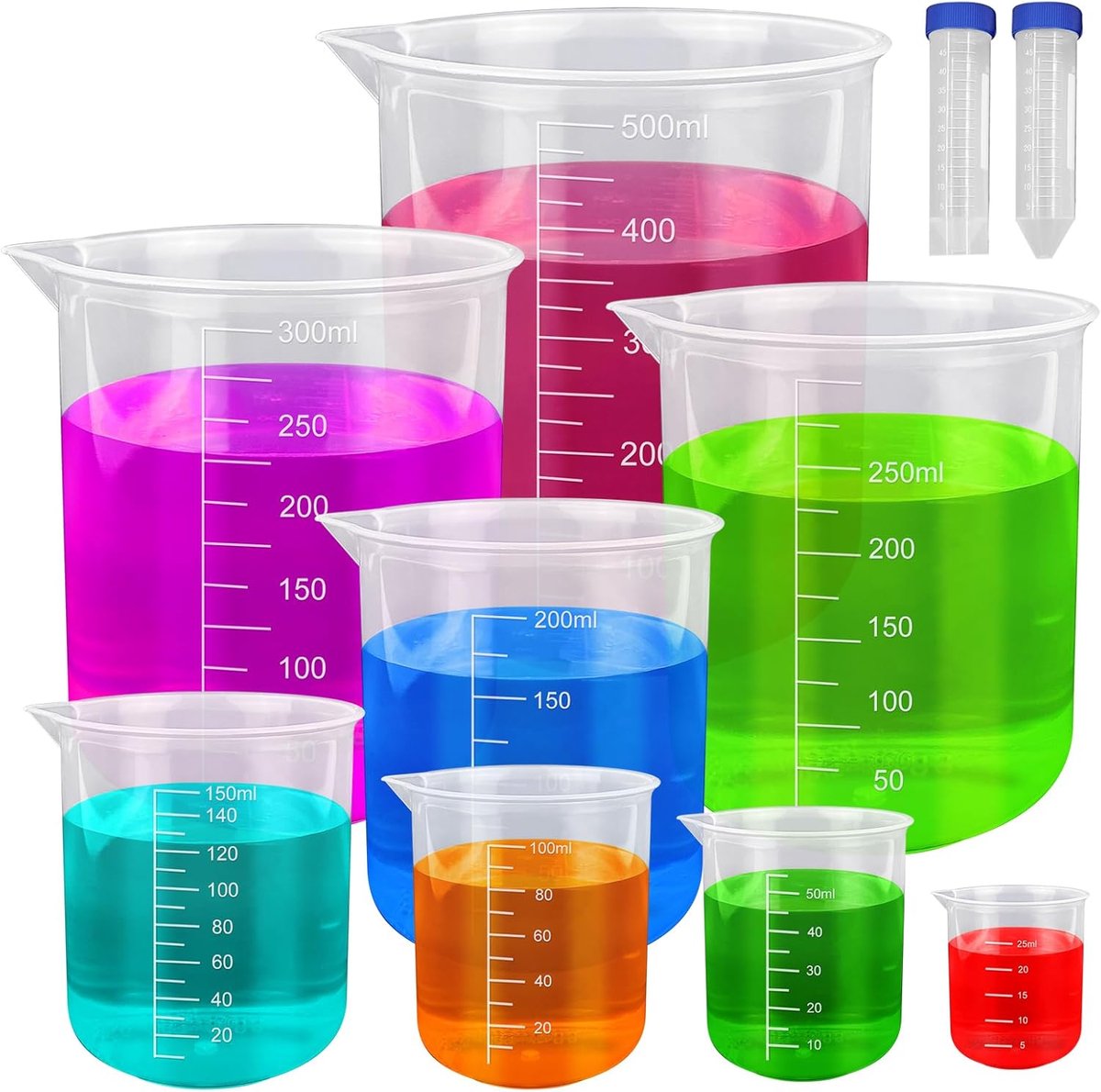 SnelShoppen - Set van 10 Meetbekers - Laboratorium Meetbekers 25/50/100/150/200/250/300/500 ml - Plastic Mengbekers met 2 Centrifugebuisjes voor DIY L
