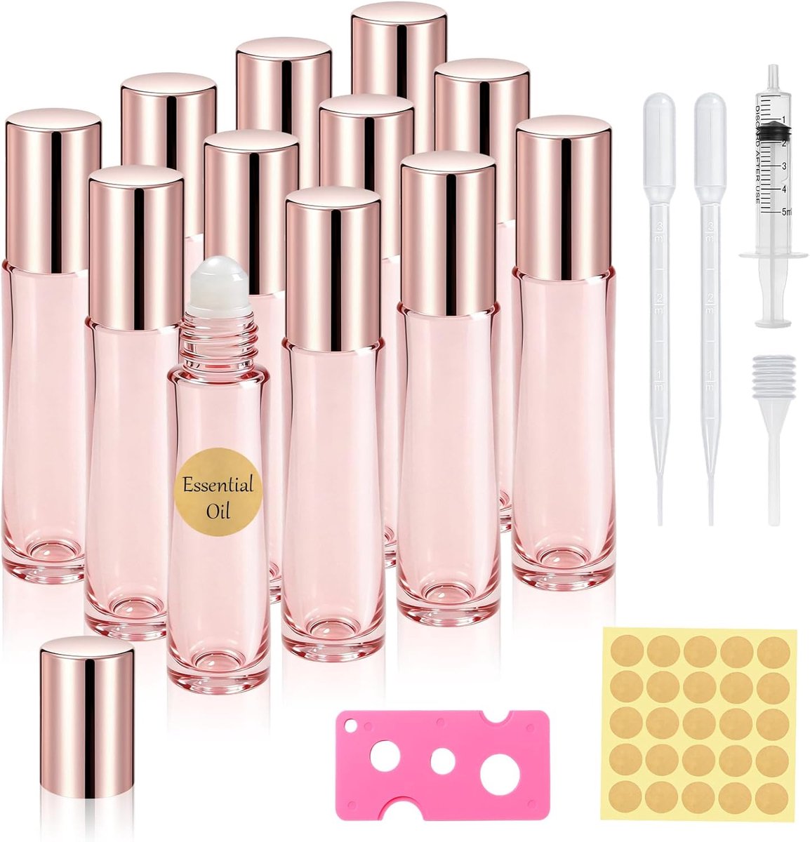 Thijox - 12 Stuks 10ml Roze Glas Roller Flessen voor Etherische Olie, Navulbare Lege Rollerball Fles met Pipetten en Etiketten voor Aromatherapie en P
