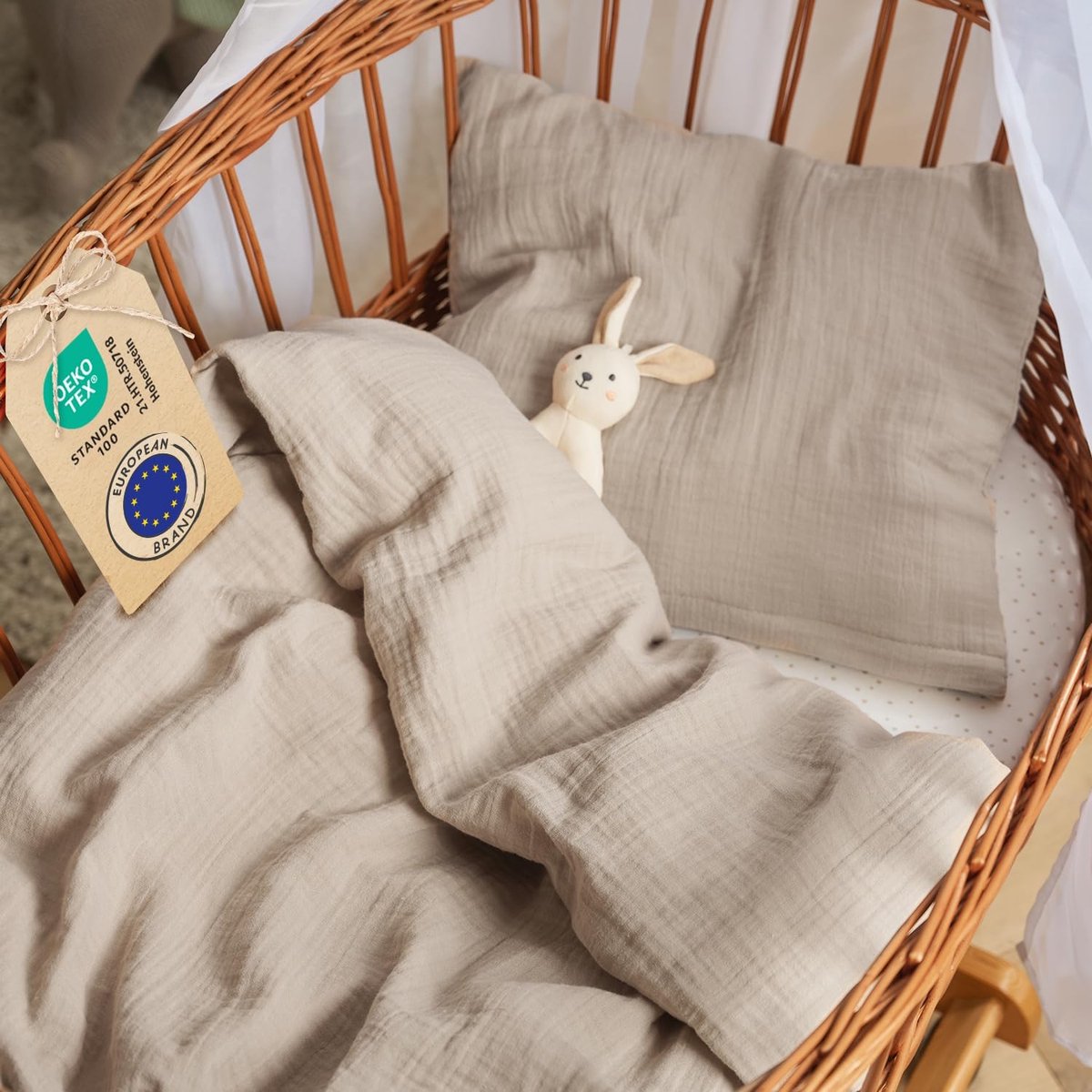 SnelShoppen - Crib Duvet Cover 80x80 cm - Muslin Crib Sheets 80x80 cm + Kussenhoes 35x40 cm - OEKO-TEX Gecertificeerd - Bruin - Ademend Katoen voor Ba