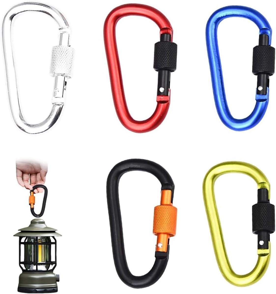 Set van 5 Aluminium Karabiners met Schroefdop in Diverse Kleuren voor Kamperen, Trekking en Reizen