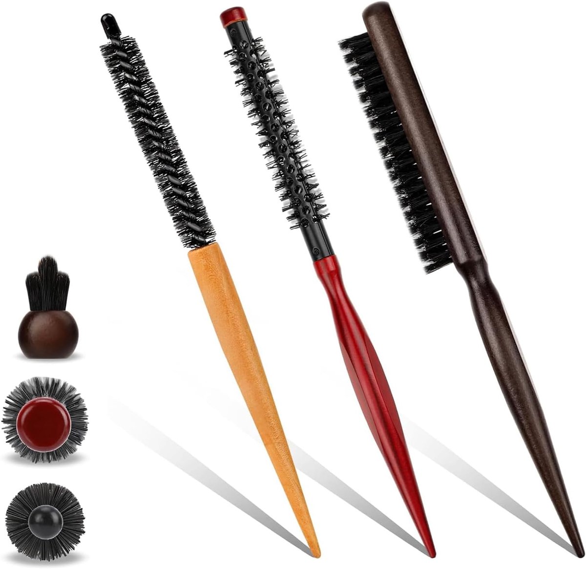 SnelShoppen - 3-delige Ronde Haarkam Set, Professionele Nylon Borstels voor Dun Haar, Hout en Plastic, Mini Haardroger Borstels voor Stijlen, Baard en