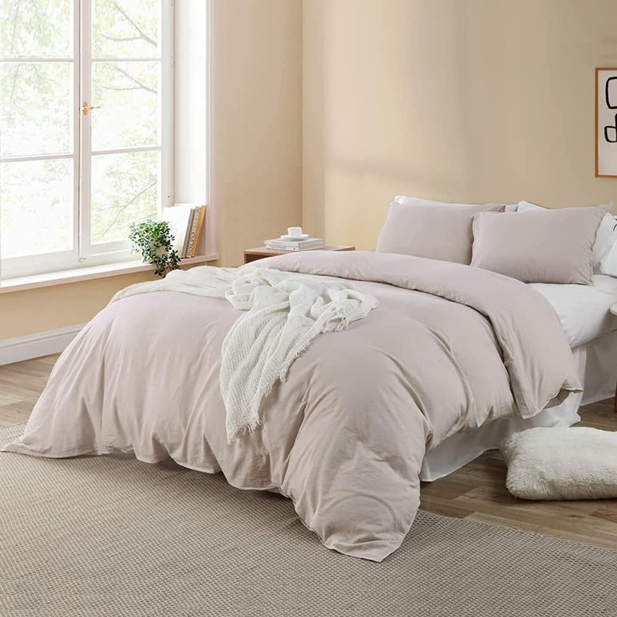 SnelShoppen - Luxe Beige Microfibre Bedlinnen Set 200 x 200 cm, Katoenachtige Duvet Cover met 80 x 80 cm Kussensloop, Anti-krimp en Kreukvrij, Ideaal
