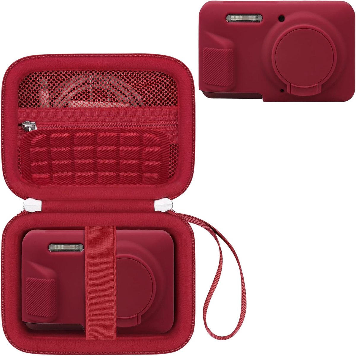 SnelShoppen - Hard Case en Zachte Silicone Beschermhoes voor Digitale Camera's - Ideaal voor Kodak PIXPRO FZ55 - Rood - Met Opbergruimte voor Accu's e