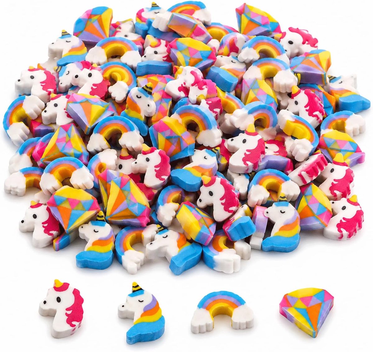 SnelShoppen - 50 eenhoorn-gummen voor kinderen, kleurrijke schoolgummen met regenboogdesign, ideaal schoolcadeau voor kinderen en studenten, magische