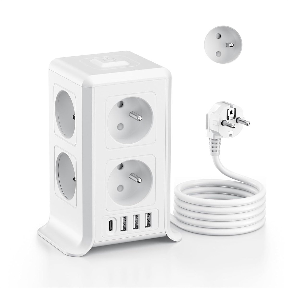 SnelShoppen - Power Strip met Schakelaar, Overspanningsbeveiliging, 8 Franse Stekkers en 4 USB Poorten voor Kantoor, Woonkamer en Slaapkamer