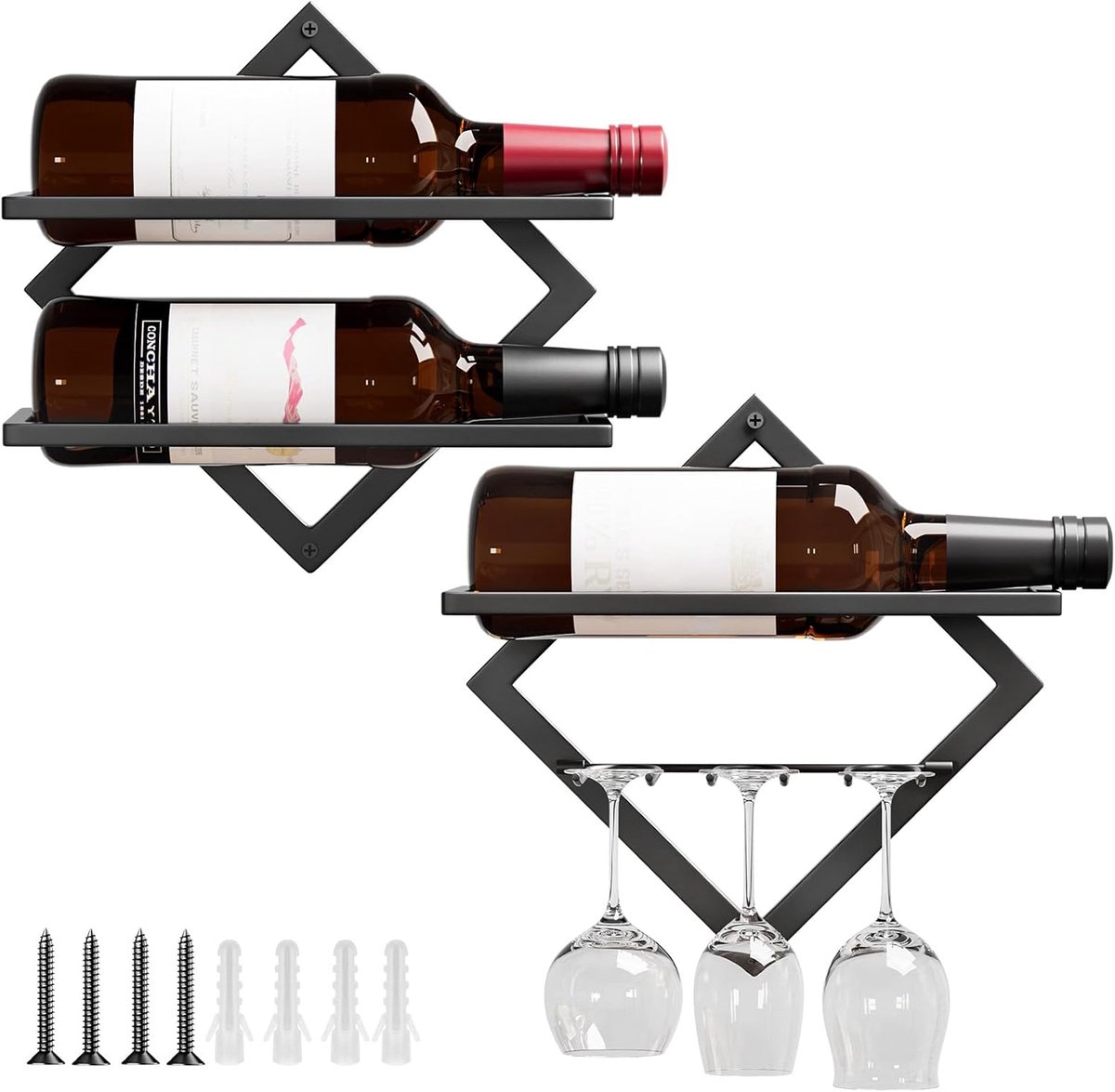SnelShoppen - Wand wijnrek met glazenhouder voor 3 flessen en 6 glazen - Ruimtebesparend met modern metalen design voor keuken, woonkamer en bar