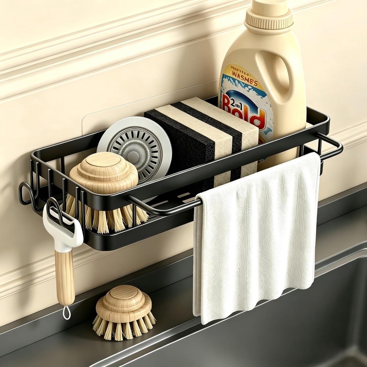 Thijox - Keuken Spoelbak Organizer Hangende - Keukensponshouder met Gootsteenorganizer, Spoeldoekhouder en Twee Haken - Metalen Keuken Organizer voor