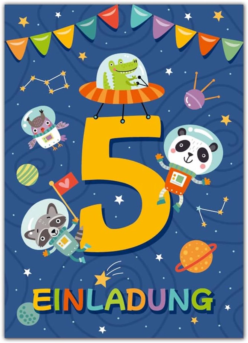 SnelShoppen - 12 Uitnodigingen Astronaut Feest - Kinderen Verjaardag Kaarten 5e Jarige - Universe Thema - 10.5x14.8 cm - UV Gecoat - Perfect voor Jong