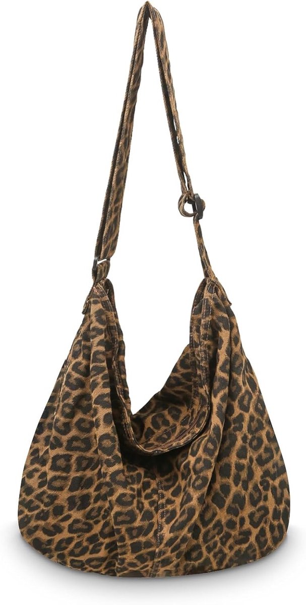 Leopard schoudertas en shopper in Macchiato kleur, grote canvas tas met rits voor dagelijks gebruik