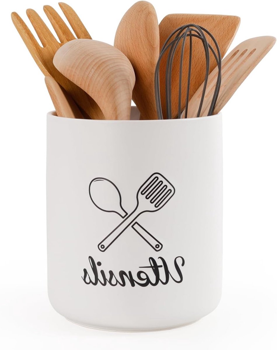 Ceramische Keuken Organizer van 15,5 cm voor Bestek en Keukengerei, Minimalistisch Pot met Gegraveerd Ontwerp voor Keukenblad - Wit en Stijlvol Keukenaccessoire