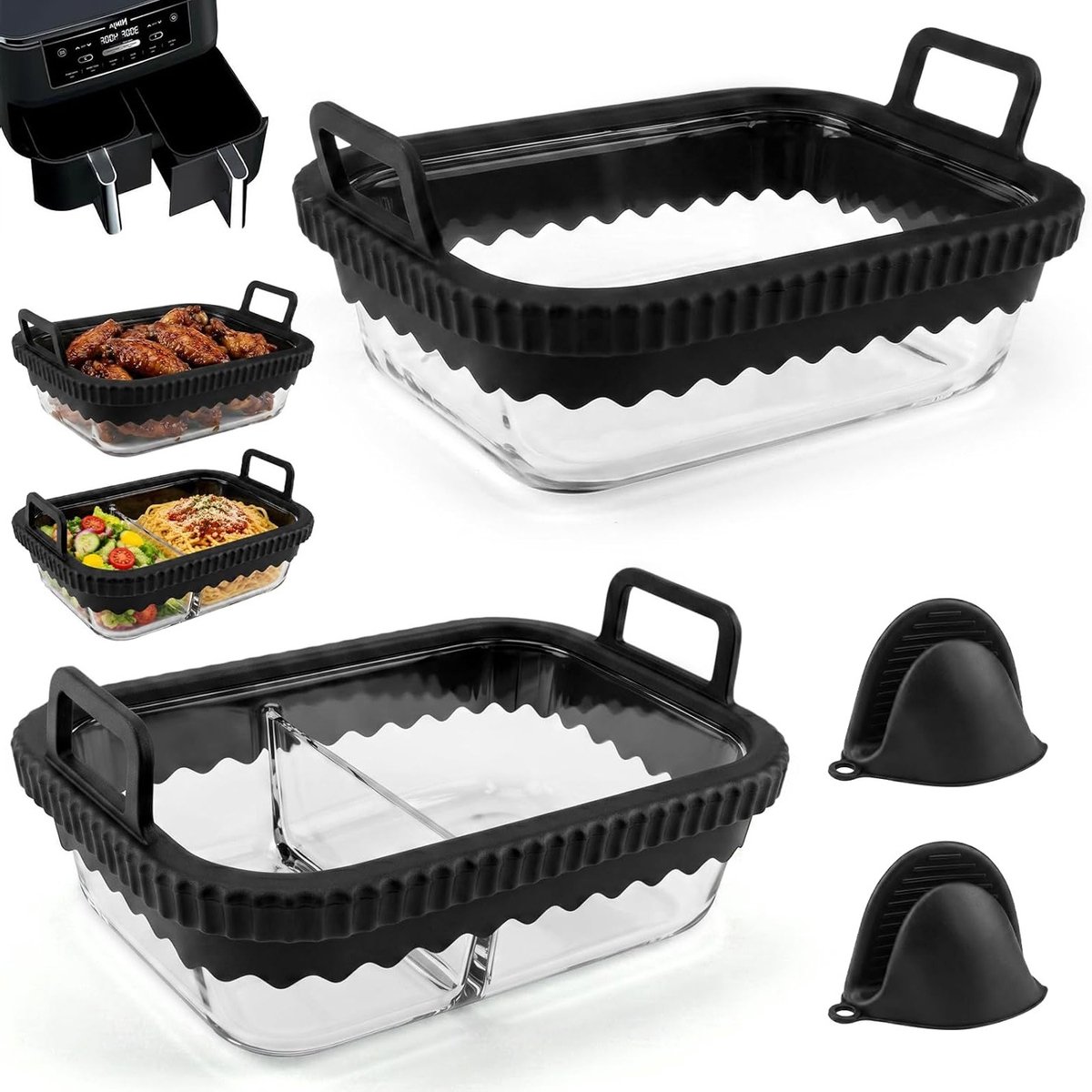 Glazen Airfryer Accessoires Set van 2, Perfect voor Heteluchtfriteuses, Inclusief Air Fryer Liners voor Dual Zone Modellen zoals Ninja AF400EU en Meer (Zwart)
