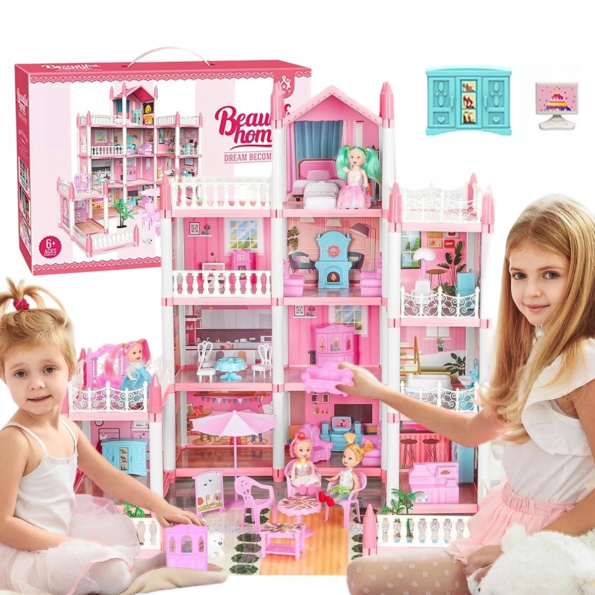 Prinsessenkasteel Poppenhuis - Speelgoed Kasteel - Barbie Huis - 4 Verdiepingen - 11 Kamers & 4 Poppen & Huisdier - DIY - Vrij Indelen & Rollenspel - met Meubels en Accessoires - Interactief Speelgoed - Voor Meisjes 6-9 Jaar - Ouder-kind Spel