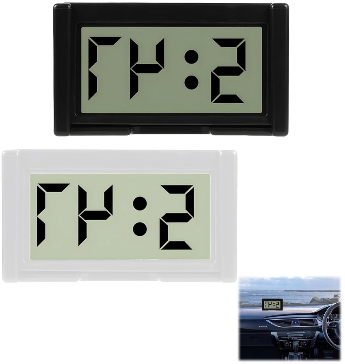 Digitale Mini Klok Set voor Auto, Bureau en Badkamer - LCD Klok met Plakpad, Duidelijk Afleesbaar, Perfect voor Voertuigen en Werkplekken, Zwart en Wit