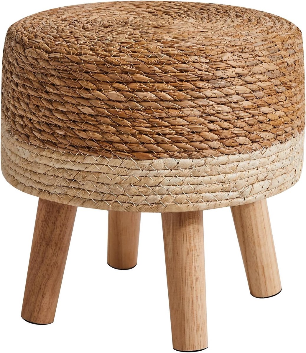 Ronde houten voetenbank met handgeweven zitting, zachte kussenkruk voor woonkamer en slaapkamer, 32 x 32 x 32 cm, beige, multifunctioneel en stijlvol