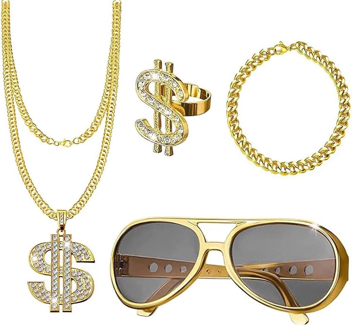 Hip Hop Ketting Set voor Mannen - Retro 80s 90s Accessoires, Gouden Ketting en Dollar Ring voor Feest, Carnaval en Themapartijen