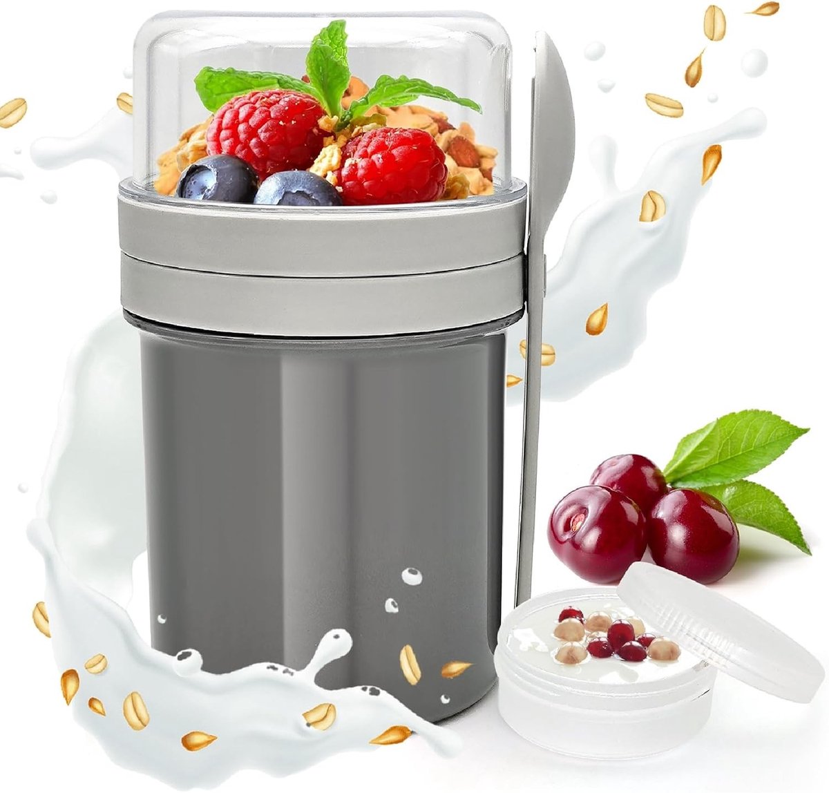 Yoghurt beker to go - Grijs - Klein 250 + 450 ml - PS + PP Muesli Ontbijtbeker met Lepel - Voor Onderweg en Werk