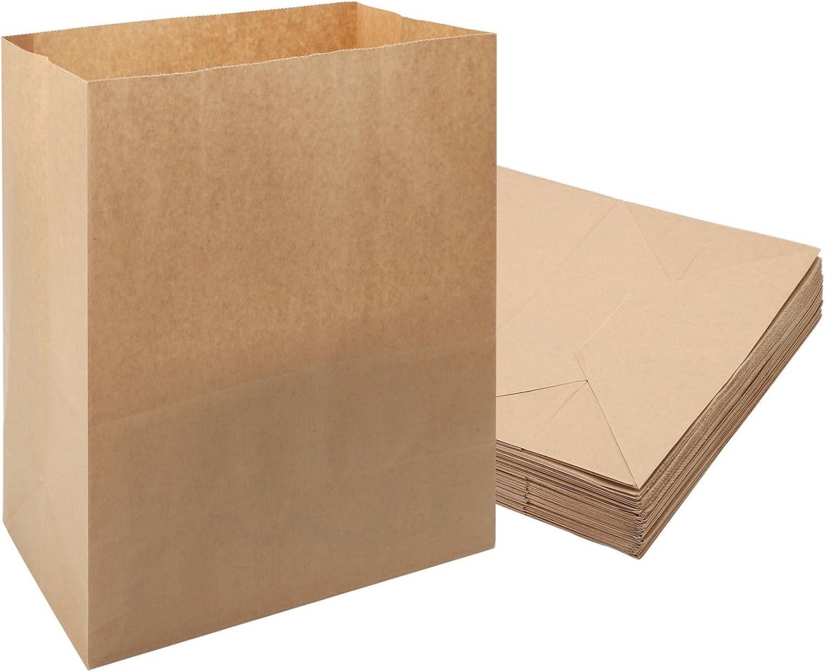 Grote herbruikbare kraft papieren zakken 33 x 24 x 14 cm, ideaal voor snoep, noten en brood, zelfklevend en stevig, 50 stuks