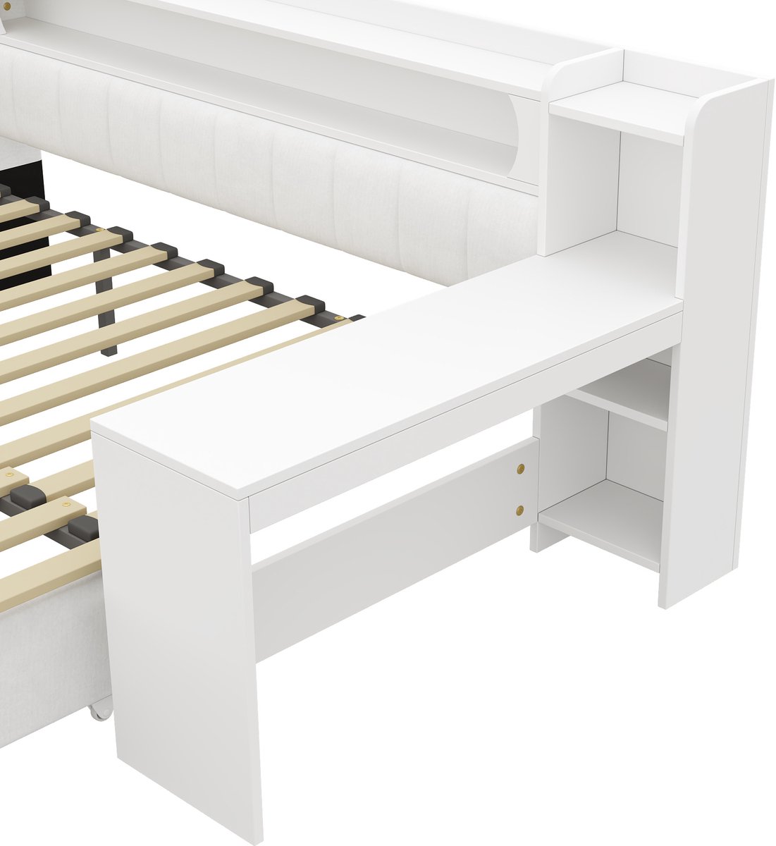 Wishdor Bedbank 90x200 cm - Uitschuifbaar tot 180x200 cm - USB-aansluiting - LED-verlichting - Geïntegreerd bureau - Gestoffeerd - Wit