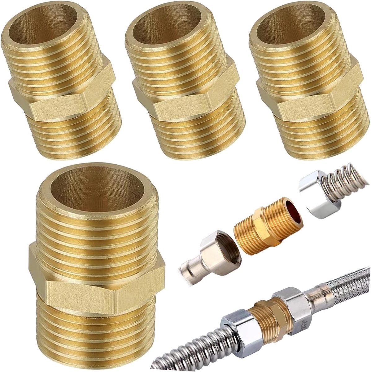 Dubbele nippels 3/4 inch messing buitendraad Ø 25 mm voor verwarming en drinkwaterinstallatie, zeskant schroefdraadfitting, 4 stuks kwaliteitsnippels