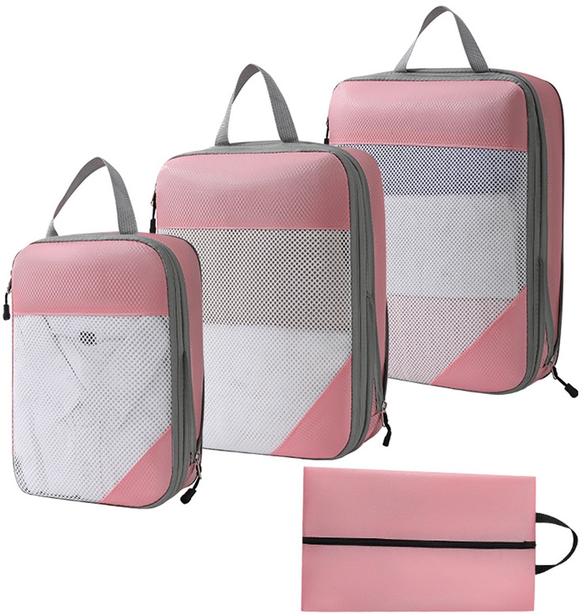 MODFU Compressiezakken voor Kleding – 4 Delige Reis Opbergset met 3 Cubes & 1 Schoenentas – Ruimtebesparend – Lichtgewicht & Duurzaam – Oxford Stof – Roze – 40x30x9 cm
