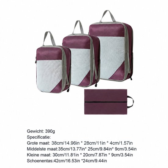 MODFU Compressiezakken voor Kleding - 4-delige Reis Set met 3 Cubes & 1 Schoenentas - Ruimtebesparend & Waterdicht - Oxford Stof - Paars - 40x30x9 cm van Modfu — afbeelding 3