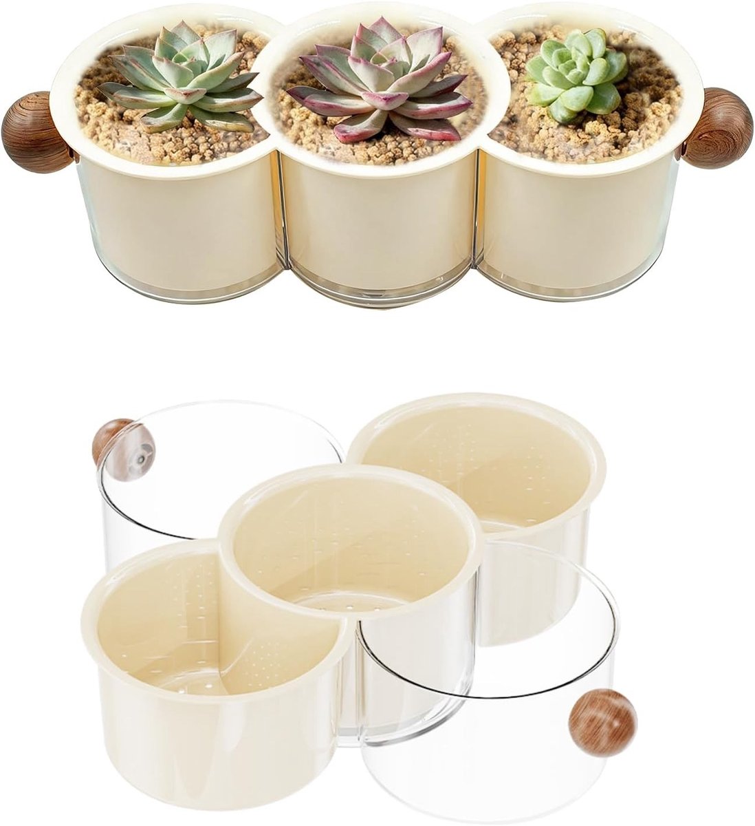 Decoratieve draaibare vetplantenpot van kunststof met afvoergaten en zichtbaar waterniveau voor kleine planten en cactussen