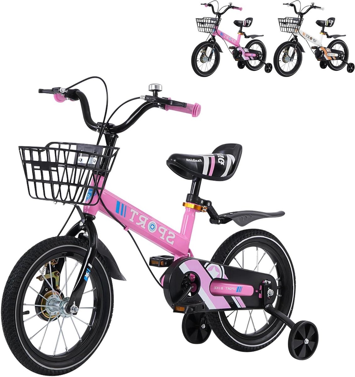 Kinderfiets - Loopfiets met steunwielen - Leren fietsen - Koolstofstalen frame - 16 inch - Roze