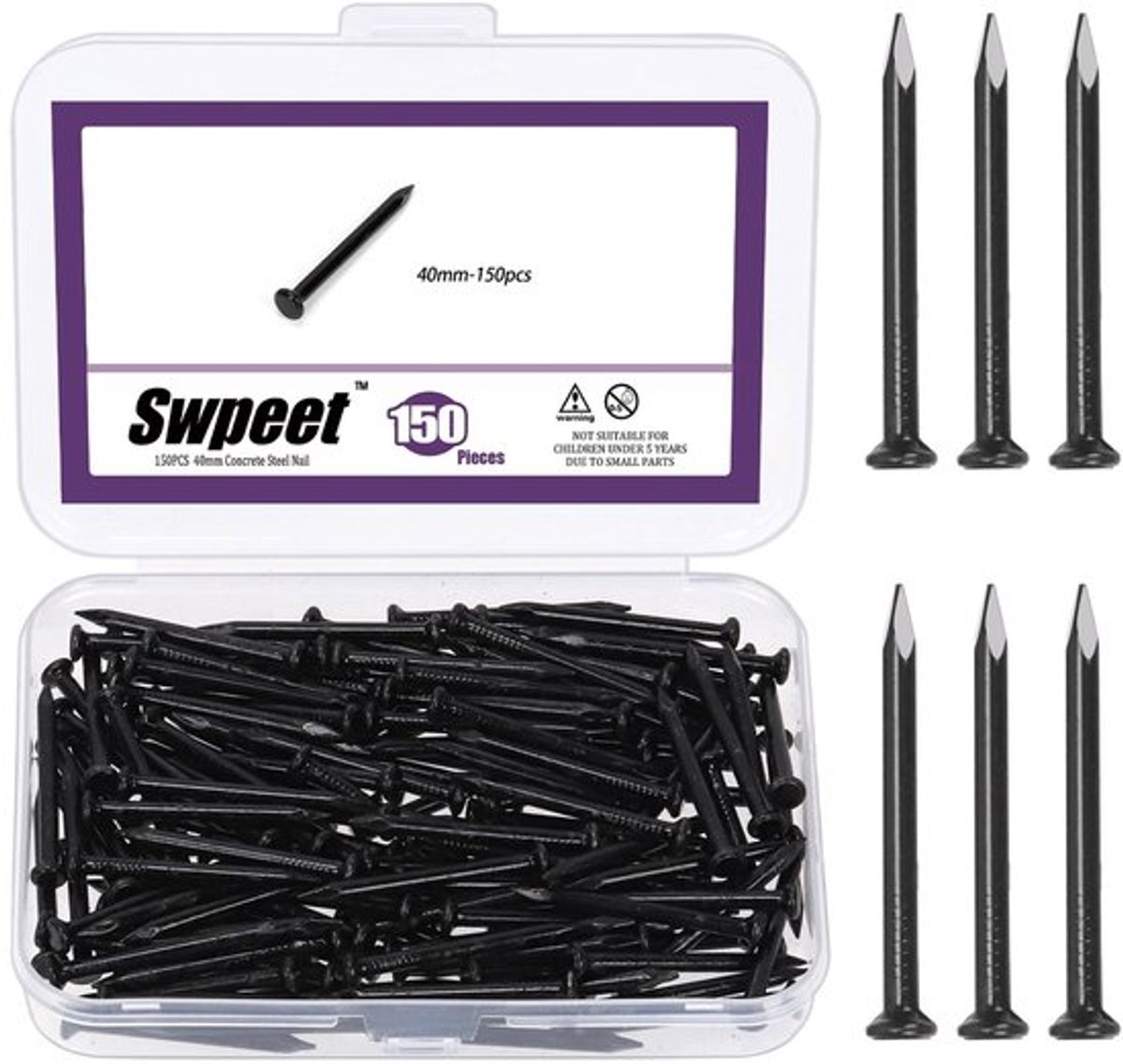 Swpeet 150 stuks 1-3/5 inch zwarte hardware nagels assortiment kit, stalen spijker, 3 x 40 mm verzinkte nagels, kleine spijkers, afwerkspijkers, wandnagels, houten nagels, nagels voor betonsteen