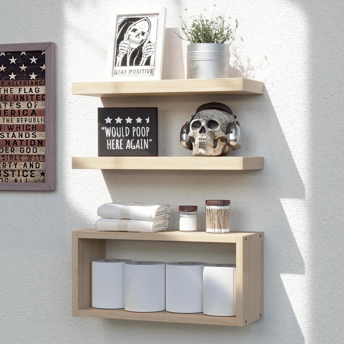 Wandplanken set van 3 met onzichtbare beugels voor badkamer, slaapkamer en woonkamer - Moderne wanddecoratie in lichtbruin hout, multifunctionele planken voor elke ruimte