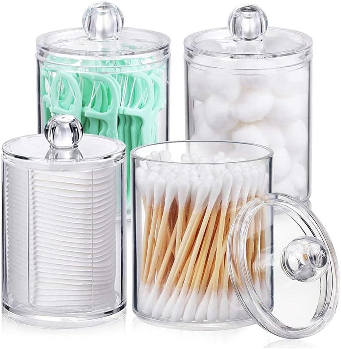 Wattenschijf Dispenser - Make-up Organizer - Cosmetica Opbergen - Met Deksel - 4 Stuks - Transparant