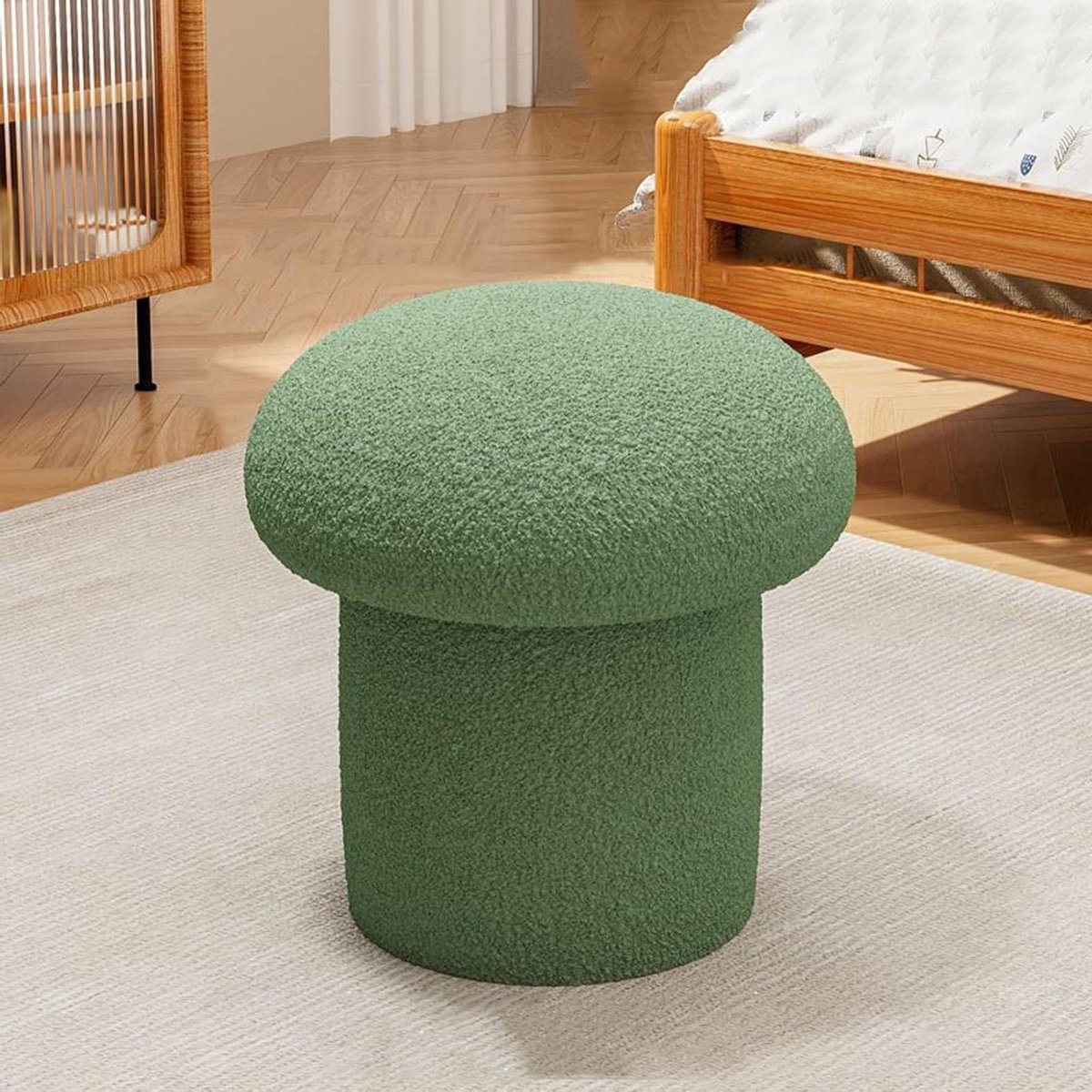 Paddenstoel Kruk - Voetenbankje Rond - Ontspannen Zitten - Massief Houten Basis - 37 cm Hoog - Lichtgroen
