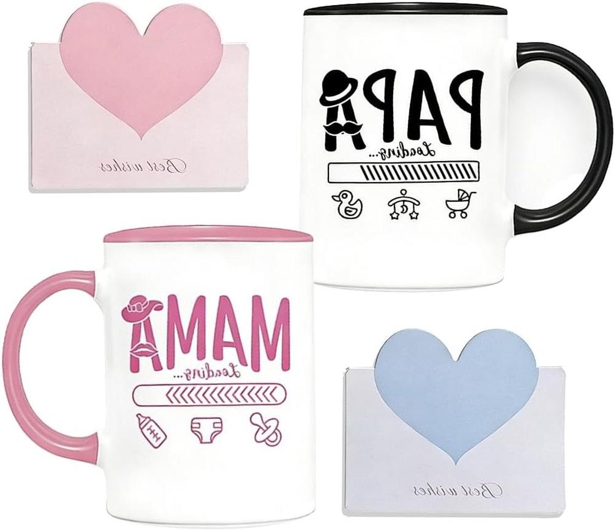 Mokkenset Mama Papa - Ouder Cadeau - Baby Aankondiging - Inclusief Wenskaarten - 350 ml - Zwart Roze