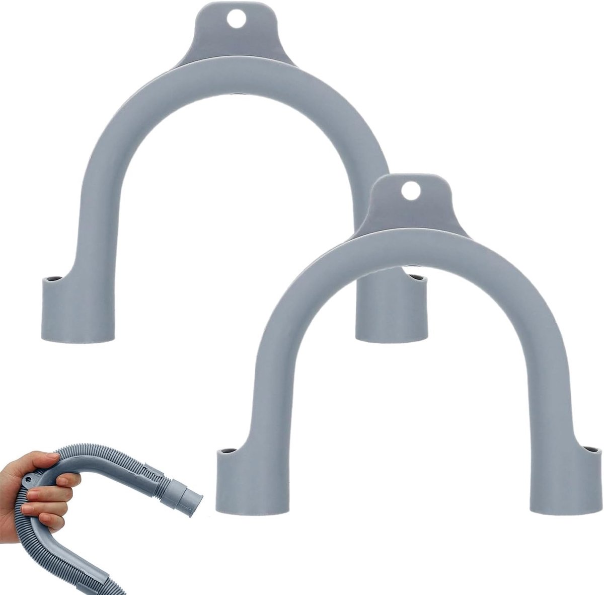 Verstelbare ophangboog met 2 U-vormige beugels en plastic haakjes voor wasmachine en vaatwasser, ideaal voor stabiliteit en ruimtebesparing.