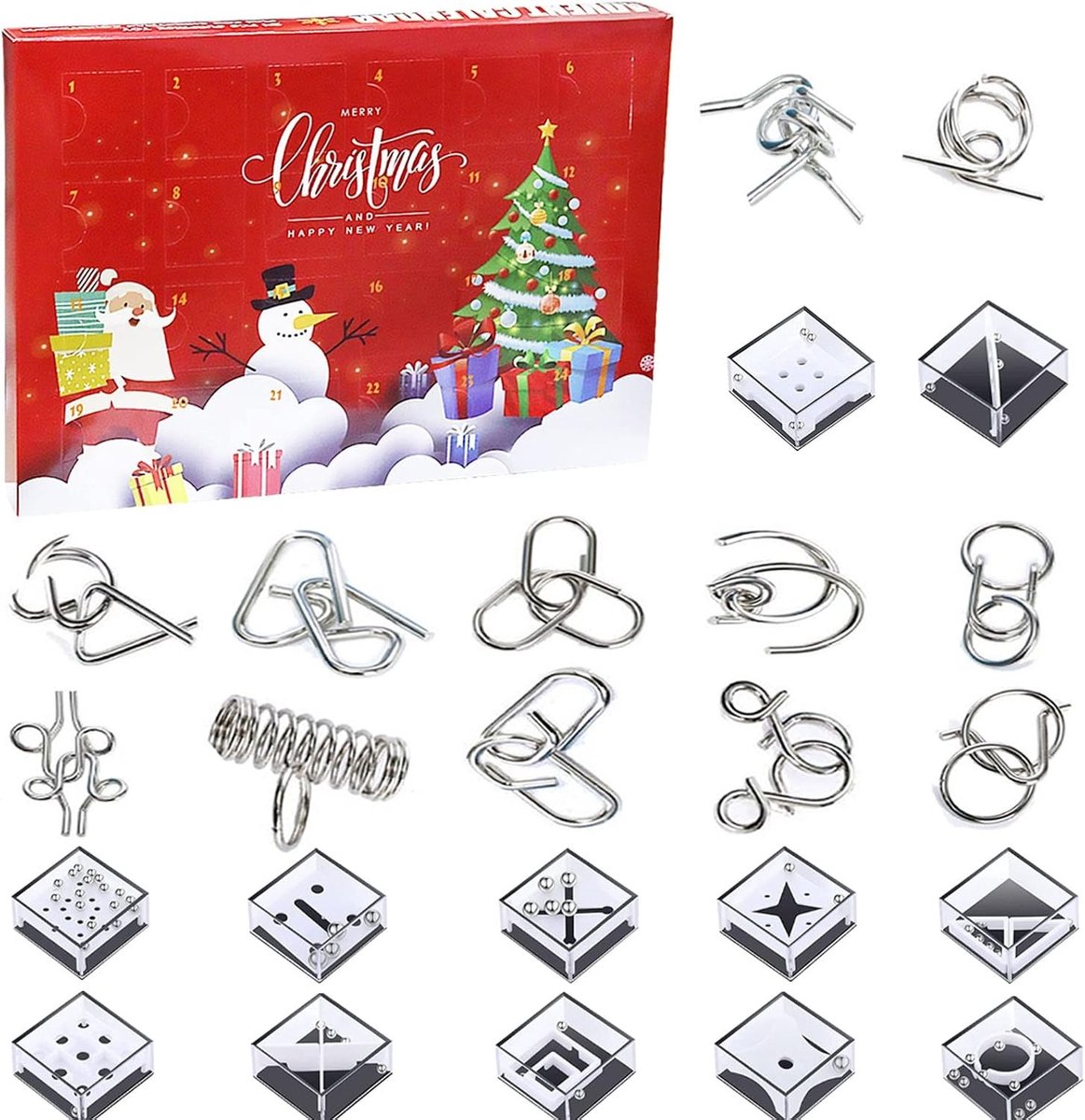 Adventskalender 2025 met 24 Puzzelspellen, Metalen Puzzels en Geduldspellen voor Kinderen en Volwassenen, Perfect voor Kerstmis en Gezellige Spelletjesavonden
