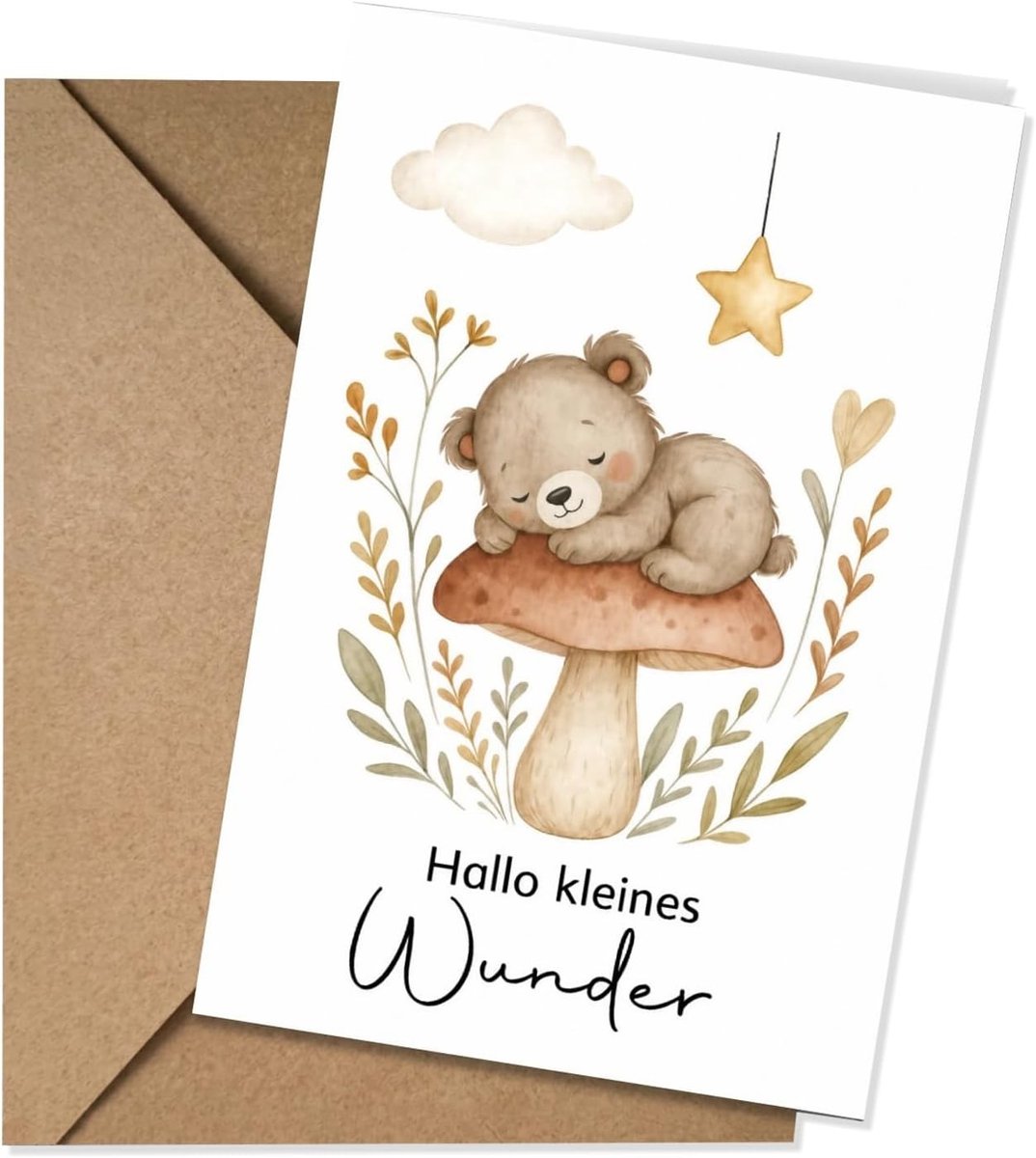 Geboortekaartje met Beertje en "Hallo klein wonder" – Vouwkaart met Kraft-envelop, Premium ontwerp voor pasgeborenen, Uniek en Persoonlijk