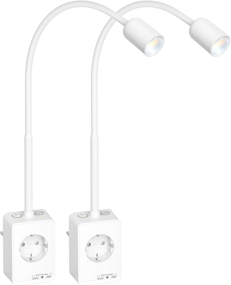 Dimbare LED Spot Wandlamp met Stekker en Stopcontact - Wit - 2 Pack - Flexibele Leeslamp met USB Poorten - Voor Slaapkamer en Woonkamer