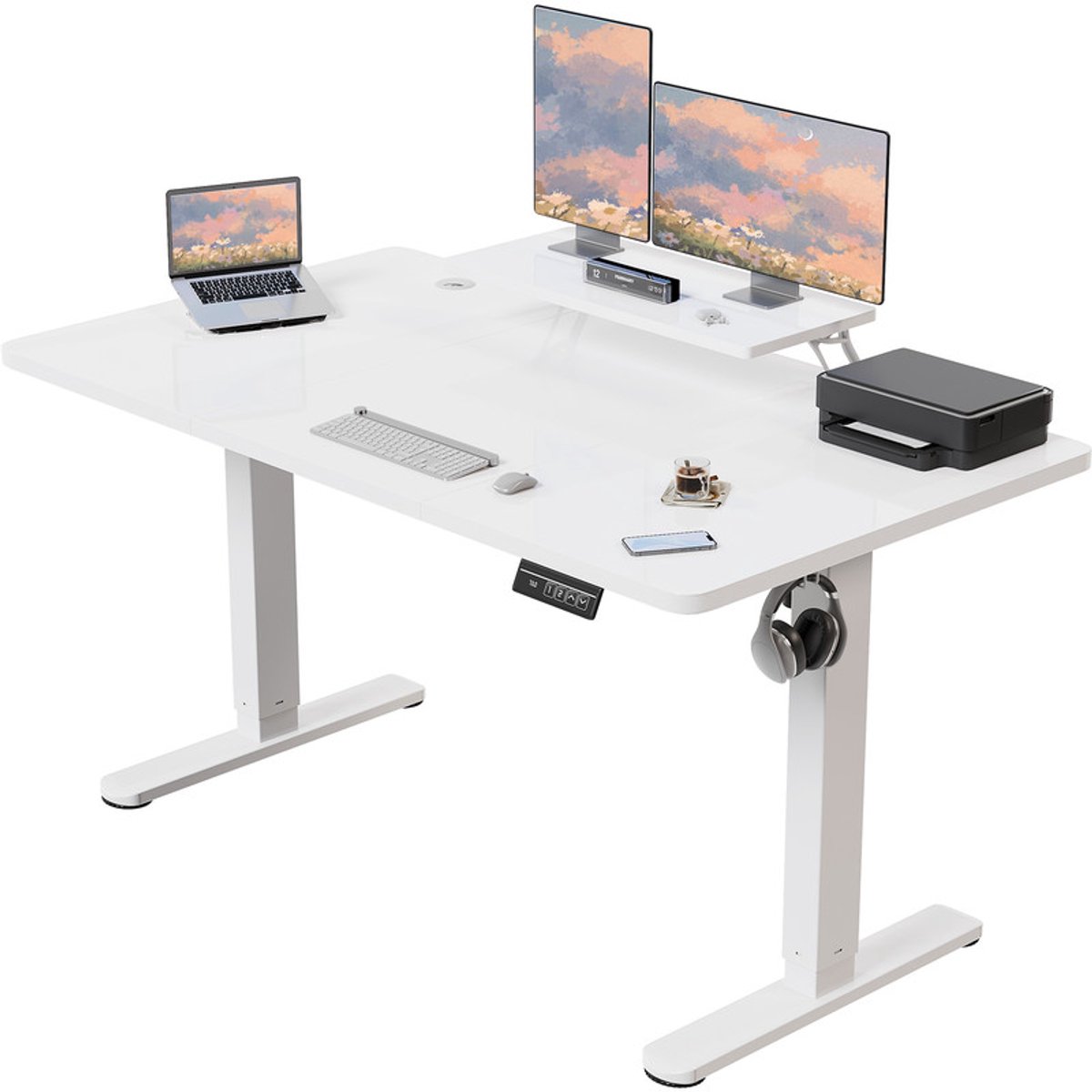 Devoko Elektrisch Zit-Sta Bureau met Monitorstandaard – 160 × 70 cm (B × D) – Stille Motor, Anti-collisionfunctie, 2 Geheugenstanden en LED-display – Draagvermogen 75 kg – Wit