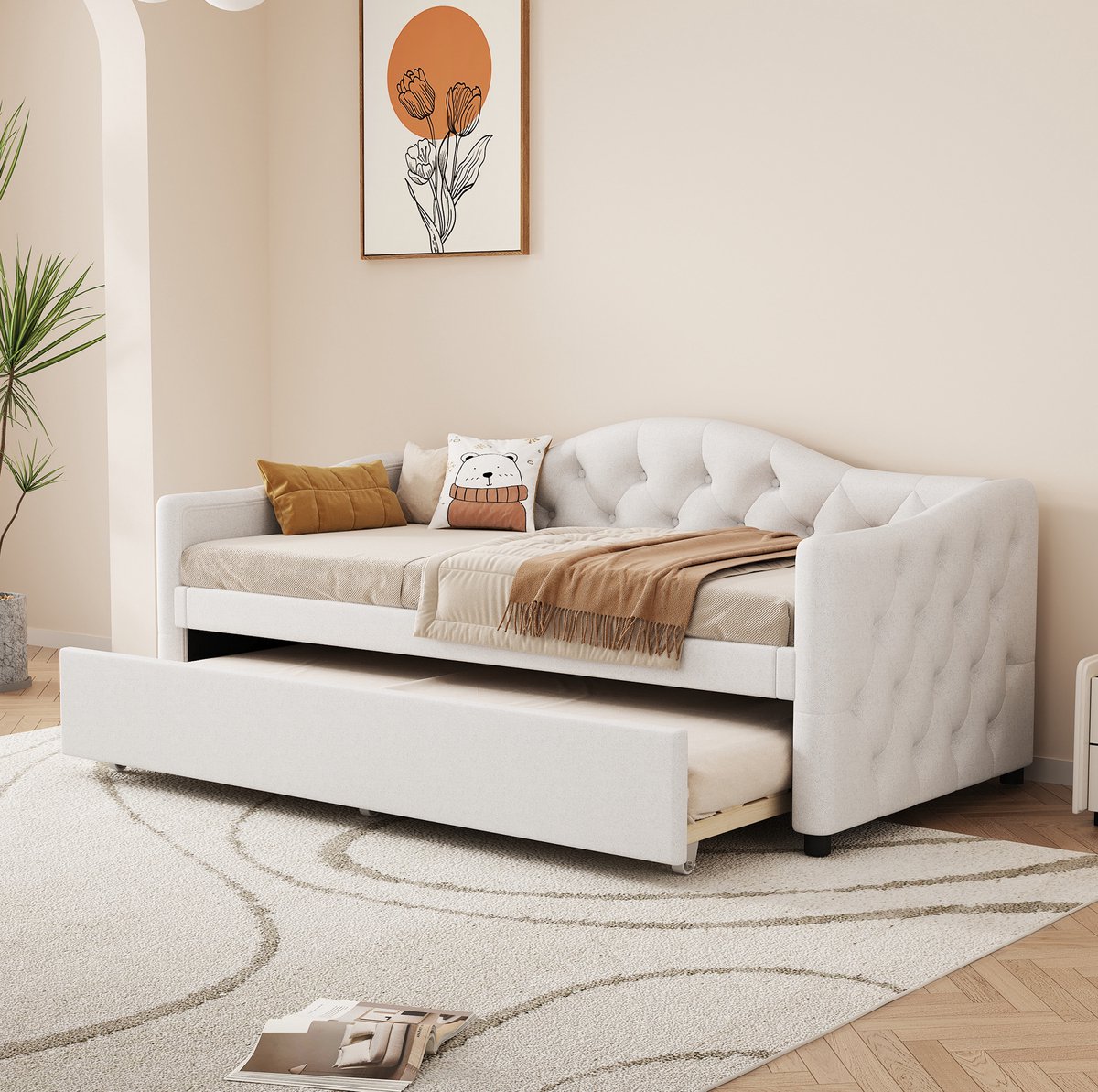 COVREO Slaapbank 90x200 cm beige, linnen MDF met uitziehbed zonder matras