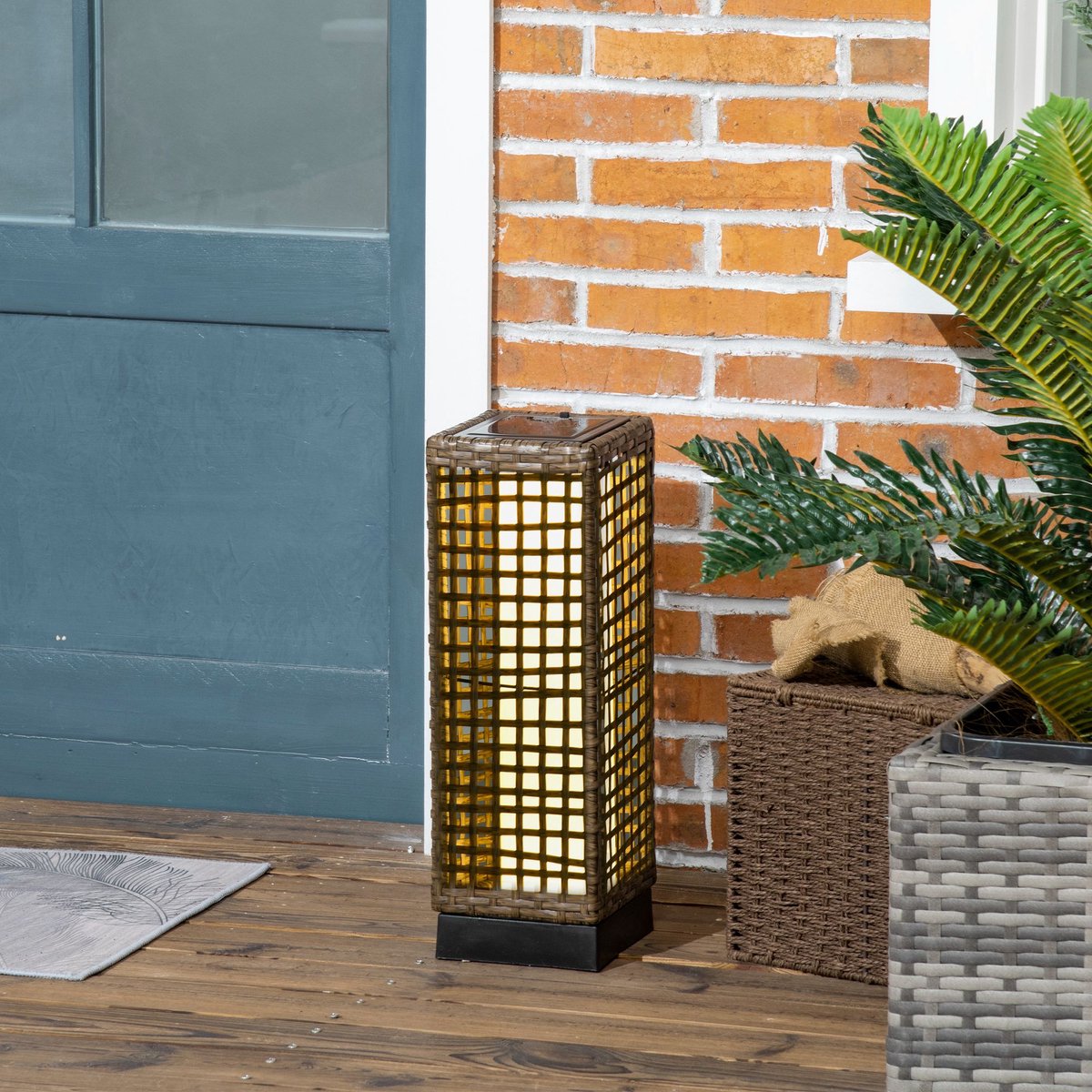 COVREO Sokkellamp 15,5x15,5x46 cm zand rotan, LED voor buiten met sensor