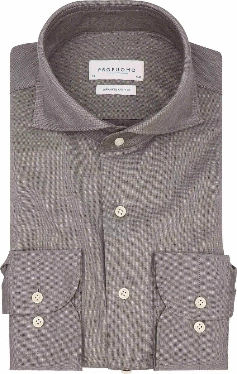 Profuomo Japanese Knitted Overhemd Melange Bruin - Maat 45 - Heren - Overhemden Formeel