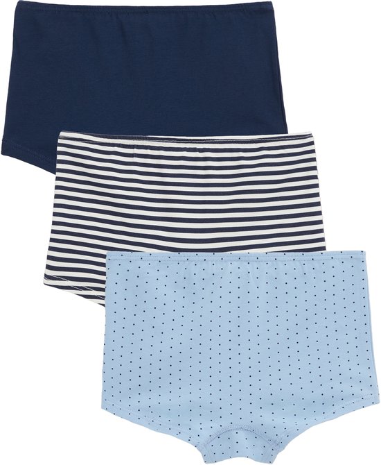 Drie hipsters: één effen donkerblauw, één met blauwe en witte strepen, en één lichtblauwe met donkerblauwe stippen.