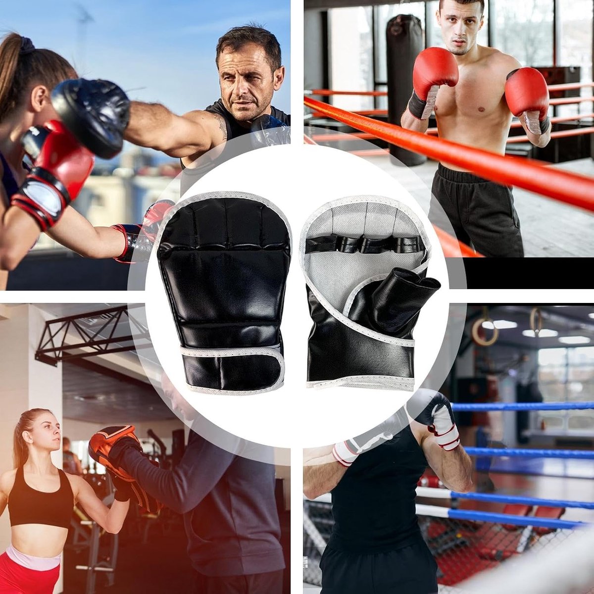 Bokshandschoenen Halve Vinger - Sparring Handschoenen - Vechtsport Training - Open Palm Ontwerp - 20.5 x 14 cm - Zwart